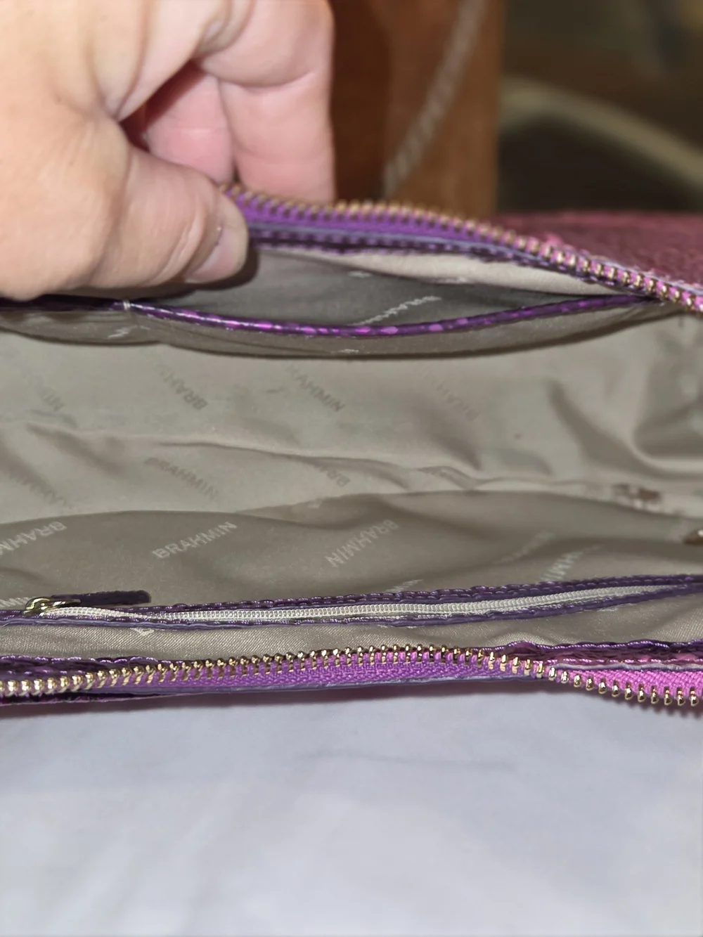 Brahmin Purple Croc-Embossed Large Hobo Bag With Credit Card Holder With Zipper